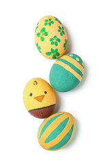 Painted Easter eggs on white background, top view