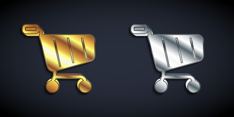 Gold and silver Shopping cart icon isolated on black background. Online buying concept. Delivery service sign. Supermarket basket symbol. Long shadow style. Vector