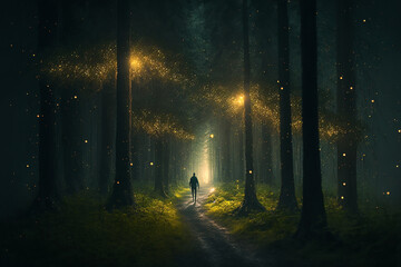 person walking from far in a green forest between the small golden spirits of forest, Generative AI