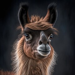 Closeup portrait of a cute, funny llama with brown, black, and white fur, who looks into the camera. Generative AI.