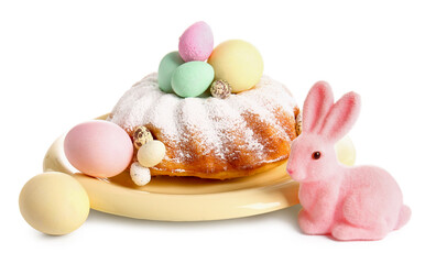 Plate with tasty Easter cake, eggs and toy bunny on white background