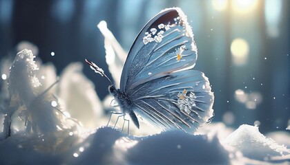 butterfly on a blue ice background