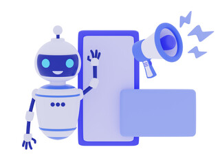 Social marketing 3d banner Megaphone chat bot speaker and recruit new employees Social media account promotion Audience or followers growth SMM robot 3d render illustration