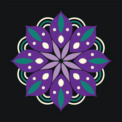 Purple mandala flower design on black background, vector mandala pattern