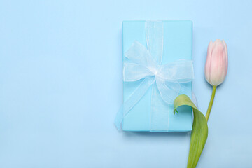 Fototapeta premium Beautiful tulip flower and gift box for Women's Day celebration on blue background