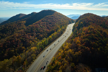 View from above of I-40 freeway route in North Carolina leading to Asheville thru Appalachian...