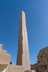 Karnak temple obelisk, close-up, on a sunny day.