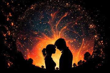 Man and woman standing together against abstract futuristic background. Human souls couple in love. Esoteric and spiritual life concept. Cosmic love. People feelings. Created with generative AI