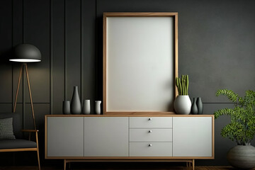 Empty Mockup frame on cabinet in living room interior on empty dark wall background. Generative AI