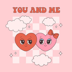 Trendy retro cartoon heart characters, love couple. Groovy style, vintage, 70s 60s aesthetics. Valentines day greeting card. Vector illustration in flat style