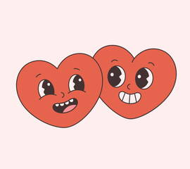 Trendy retro cartoon heart characters. Groovy style, vintage, 70s 60s aesthetics. Happy Valentines day, gay couple. Vector illustration