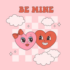 Trendy retro cartoon heart characters, love couple. Groovy style, vintage, 70s 60s aesthetics. Valentines day greeting card. Vector illustration in flat style