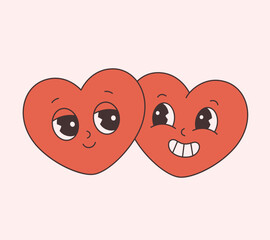 Trendy retro cartoon heart characters. Groovy style, vintage, 70s 60s aesthetics. Happy Valentines day, gay couple. Vector illustration