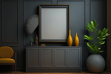 Empty Mockup frame on cabinet in living room interior on empty dark wall background. Generative AI