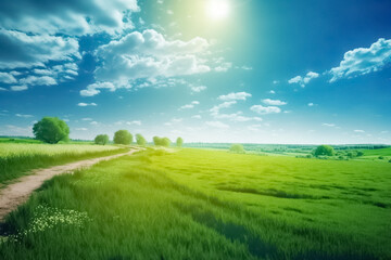 Obraz premium A fresh spring sunny background of green grass and blurred natural landscape with green grass, sunlight in nature field. Blurred spring nature background. Springtime. generative AI 