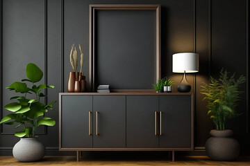 Empty Mockup frame on cabinet in living room interior on empty dark wall background. Generative AI