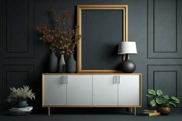 Empty Mockup frame on cabinet in living room interior on empty dark wall background. Generative AI