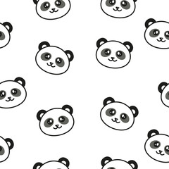 Seamless endless pattern cute kawaii cartoon panda vector illustration on white background. Print for textiles, t-shirts, dresses, clothes, wrapping paper, children's wallpaper. A beautiful bear