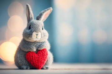 Cute bunny with red knitted heart. Valentine's Day greeting card illustration. Romantic Valentine’s day card with rabbit. Heart as symbol of love. I love you concept. Generative AI.