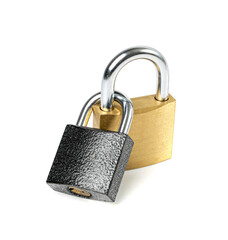 Two Locks Isolated, Golden and Black Padlocks Locked Together