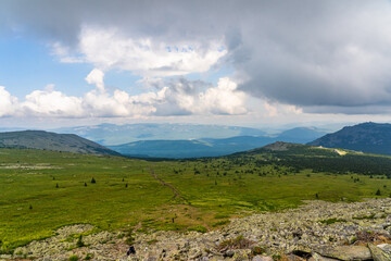 Obraz premium Forests and mountains of the Southern Urals near the village of Tyulyuk in Russia. Drone view.