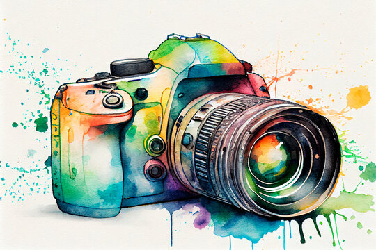 watercolor DSLR camera with white background, format 3:2, illustration, generative AI