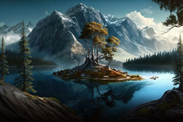 Obraz premium lake in the mountains, trees Generative AI, Generativ, KI