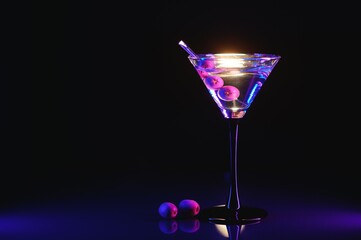 Martini glass and olives on a black background with neon lights