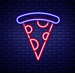 Glowing neon line Slice of pizza icon isolated on brick wall background. Fast food menu. Colorful outline concept. Vector