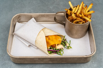 Wrap fresh lavash shawarma sandwich roll. Traditional middle eastern snack doner kebab roll. With...
