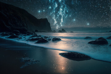 Obraz na płótnie Canvas sea, beach at night, sky with stars Generative AI, Generativ, KI