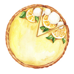 Lemon tart citron watercolour illustration. French desert, food art. - obrazy, fototapety, plakaty