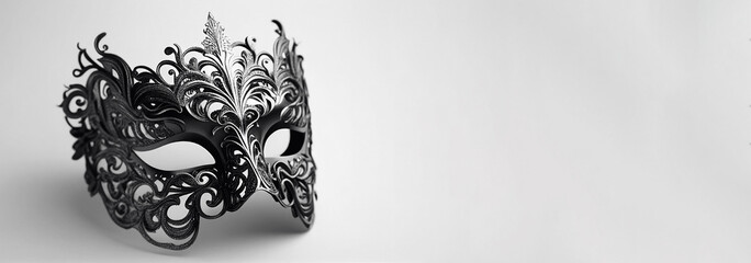 Carnival venetian black mask banner on white background with copy space. Illustration AI