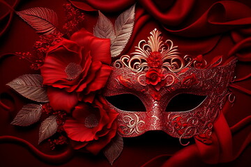 Red Carnival venetian mask with red flowers decoration on red velvet background. Illustration AI