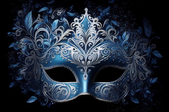 Blue carnival venetian mask with silver decoration on black background. Illustration AI