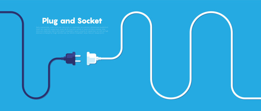 Electric socket with a plug. Connection and disconnection concept. Concept of 404 error connection. Electric plug and outlet socket unplugged. Wire, cable of energy disconnect. Vector 10 eps.