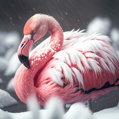 Pink flamingo frozen in ice and snow. Illustration AI