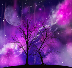 night landscape with tree, the moon and purple sky 