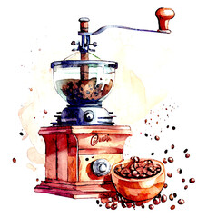 Coffee grinder hand drawn watercolor illustration Cafe - obrazy, fototapety, plakaty