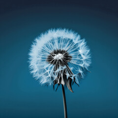 Beautiful white dandelion on blue background. Illustration AI