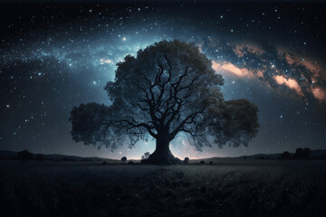 Fototapeta na wymiar Night landscape with tree under the galaxy view