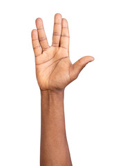 Male hand showing Vulcan Salute isolated on white or transparent background.
