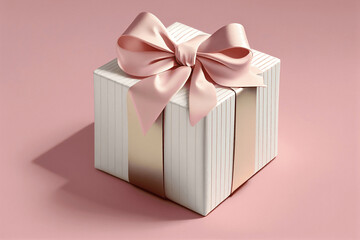 Pink gift box with beautiful ribbon on pink background. Illustration AI