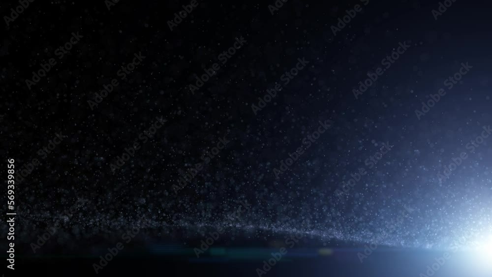Poster flying with wind dust particles on clean dark black copy space background with flickering blue light