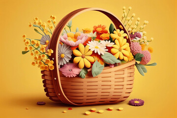 Fototapeta na wymiar Beautiful wooden basket full of spring flowers. Spring background. Illustration AI