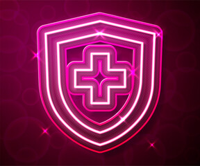 Glowing neon line Life insurance with shield icon isolated on red background. Security, safety, protection, protect concept. Vector