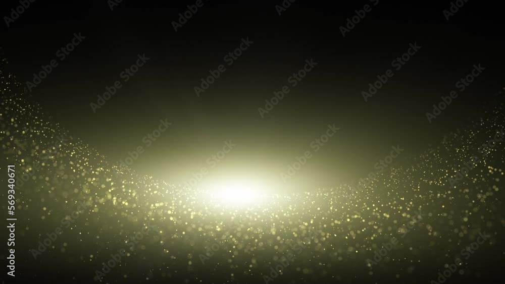 Poster flickering gold colored looped dot particles bokeh on dark copy space background with flickering lig