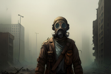 Apocalypse male survivor alone in abandoned, destroyed city wearing gas mask and brown jacket, thick fog and pollution gas, nuclear war survivor, generative ai