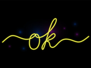 OK phrase, Lettering, handwriting with neon light. Glowing One line continuous OK in yellow color. vector illustration