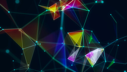 Colorful network connection background. Abstract technology with points, lines and triangles. Digital futuristic backdrop or wallpaper. Big data visualization. 3D rendering.